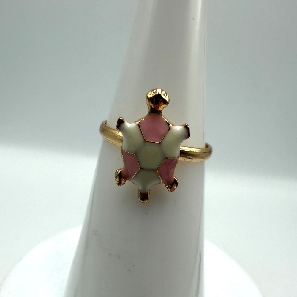 Gold Tone Turtle Ring Pink and White Enamel Animal Theme Size 4.75